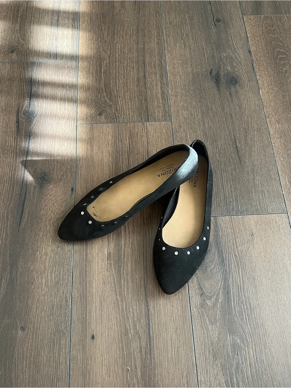 Arizona Jean Company Black Pointed-Toe Flats with Silver Stud Accents